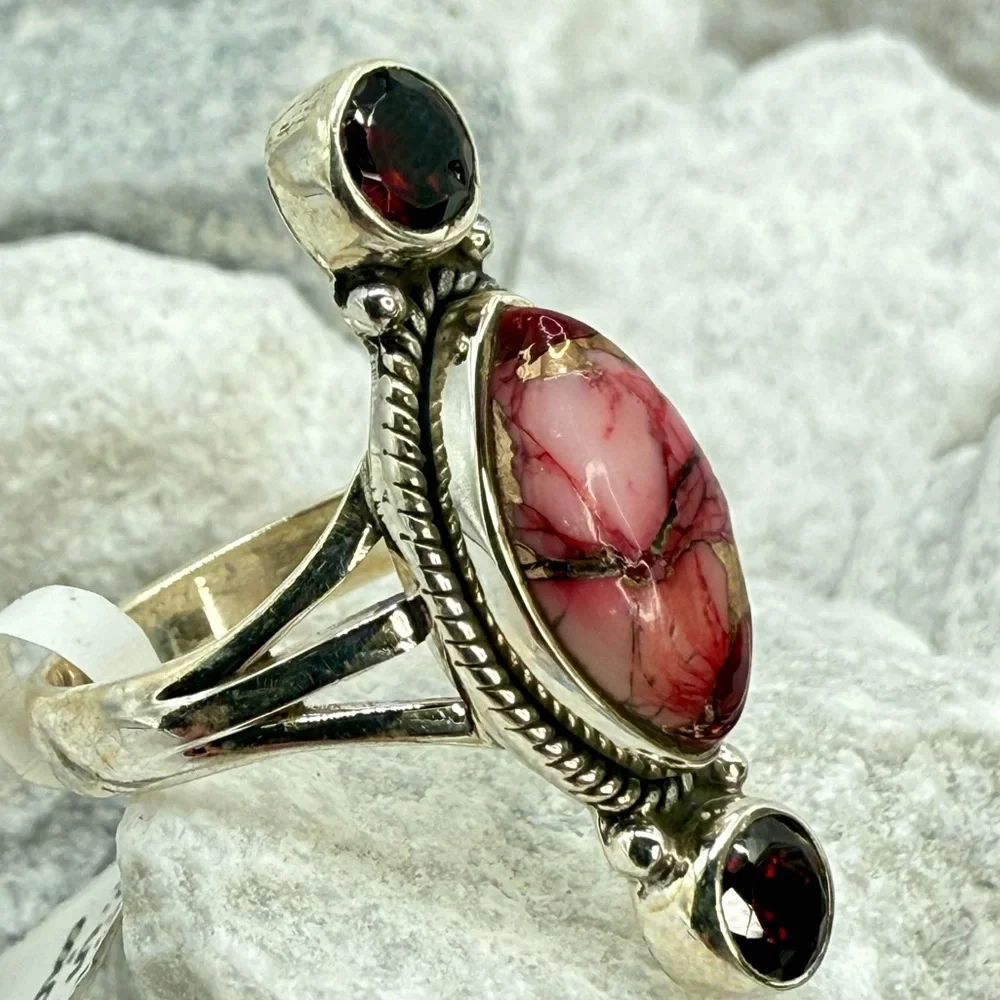 NWT Sterling Silver Red Dahlia Turquoise Garnet Ring Size 8 Boho Southwestern